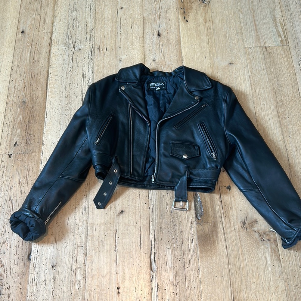 Vintage oversized cropped leather biker jacket